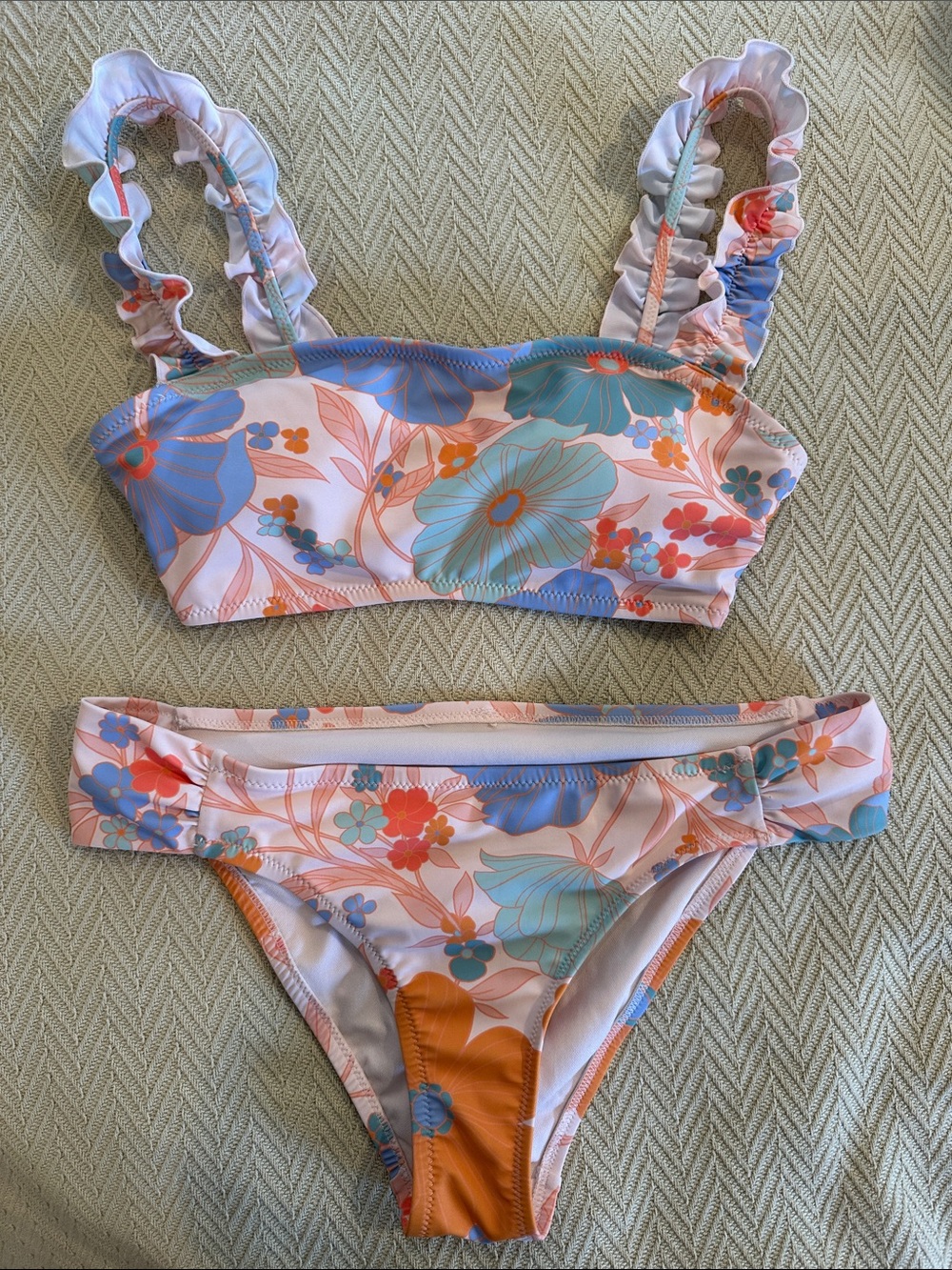 Women’s Jessica Simpson Floral Ruffle-Strap Bikini Top & Bottom - Blue Orange